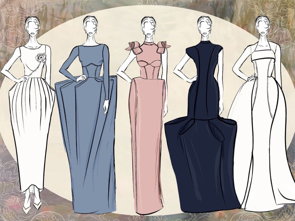 Fashion sketches of five modest bridal and formal dress designs.