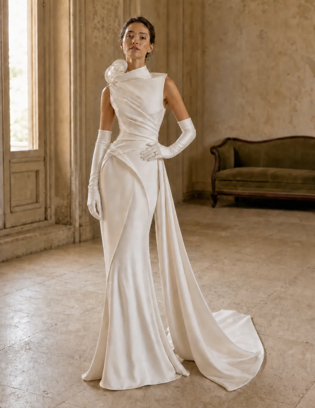 Bride in Odette sculptural satin wedding dress with an asymmetrical neckline and opera gloves