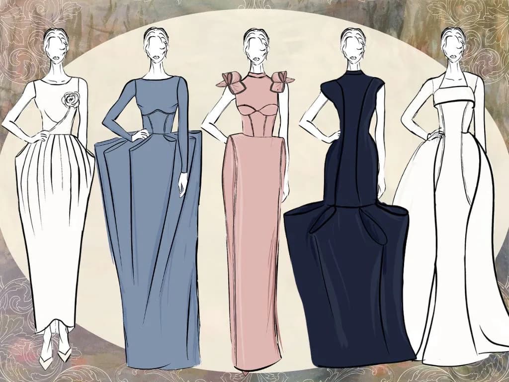 Fashion sketches of five modest bridal and formal dress designs.