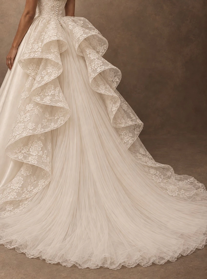 Back detail of Cecilia showing cascading floral lace ruffles framing the finely pleated tulle train