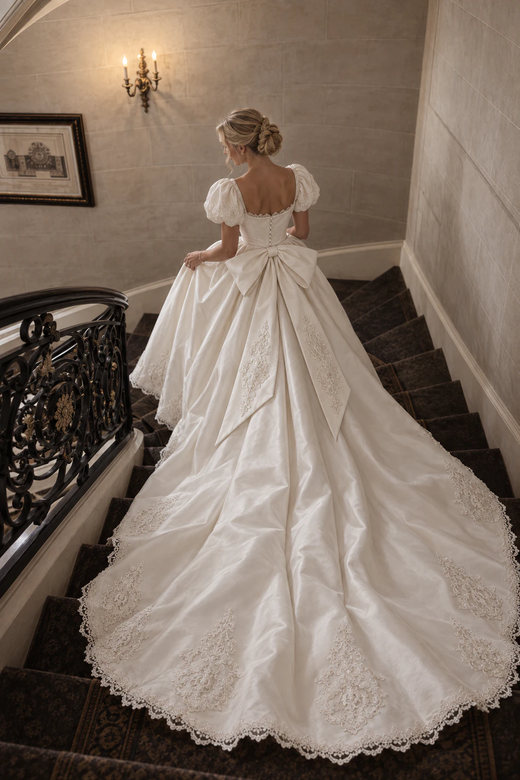Back view of Noelle on a staircase showing covered buttons, an oversized satin bow, and a sweeping lace-edged train