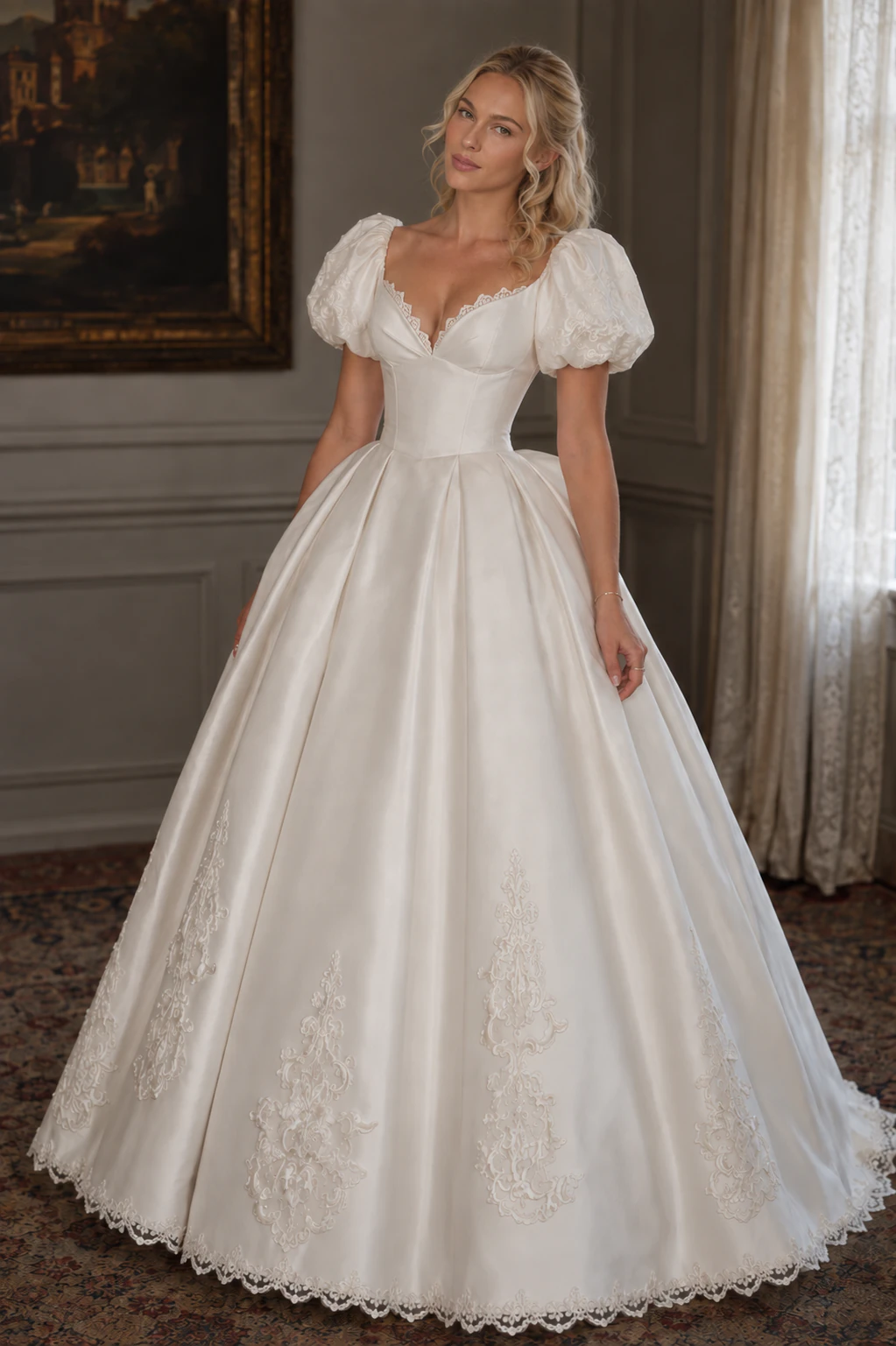 Bride wearing Noelle, an ivory satin ball gown with lace puff sleeves, a sweetheart neckline, and ornate lace appliqués