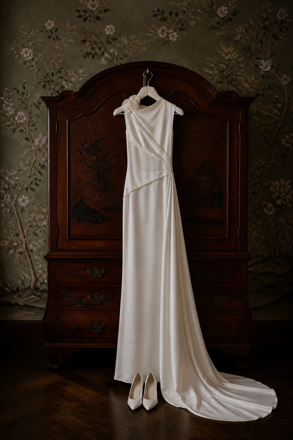 Odette satin wedding dress hanging against an antique armoire with its train arranged below