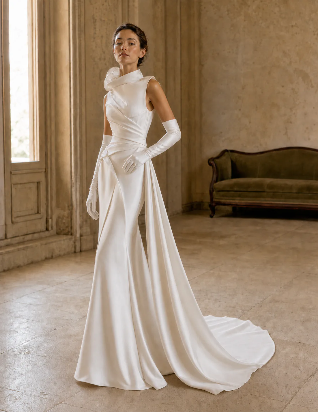 Odette ivory satin wedding gown with wrapped draping and a fluid chapel train