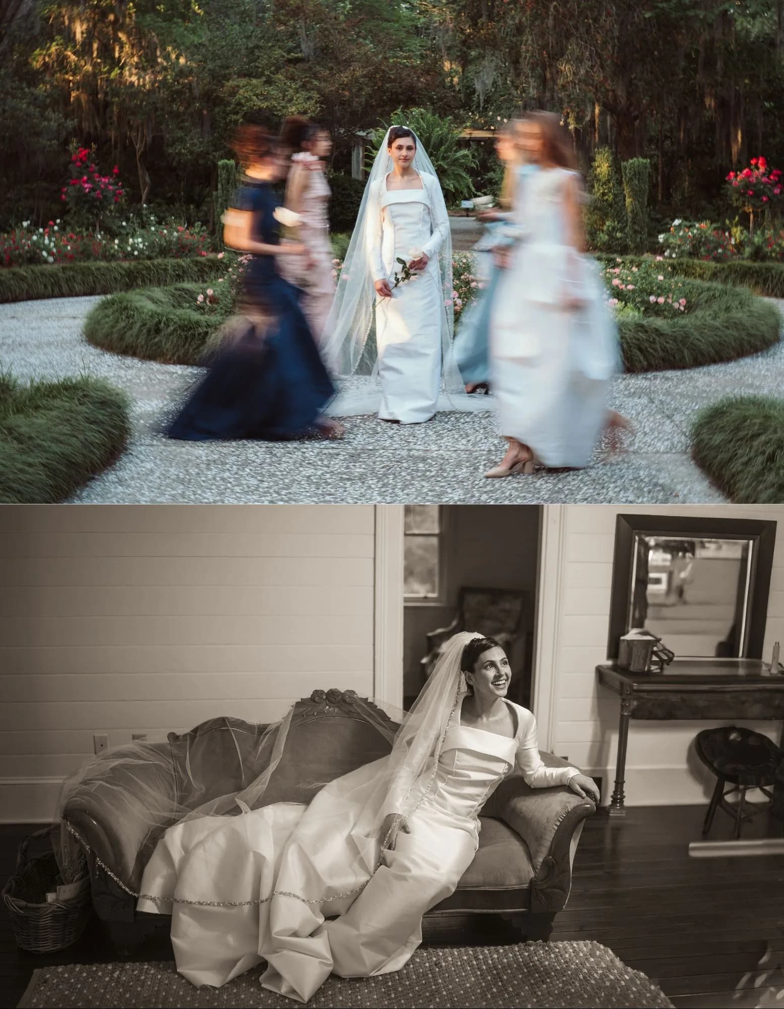 A diptych of the bride in motion outdoors above a sepia parlor portrait.