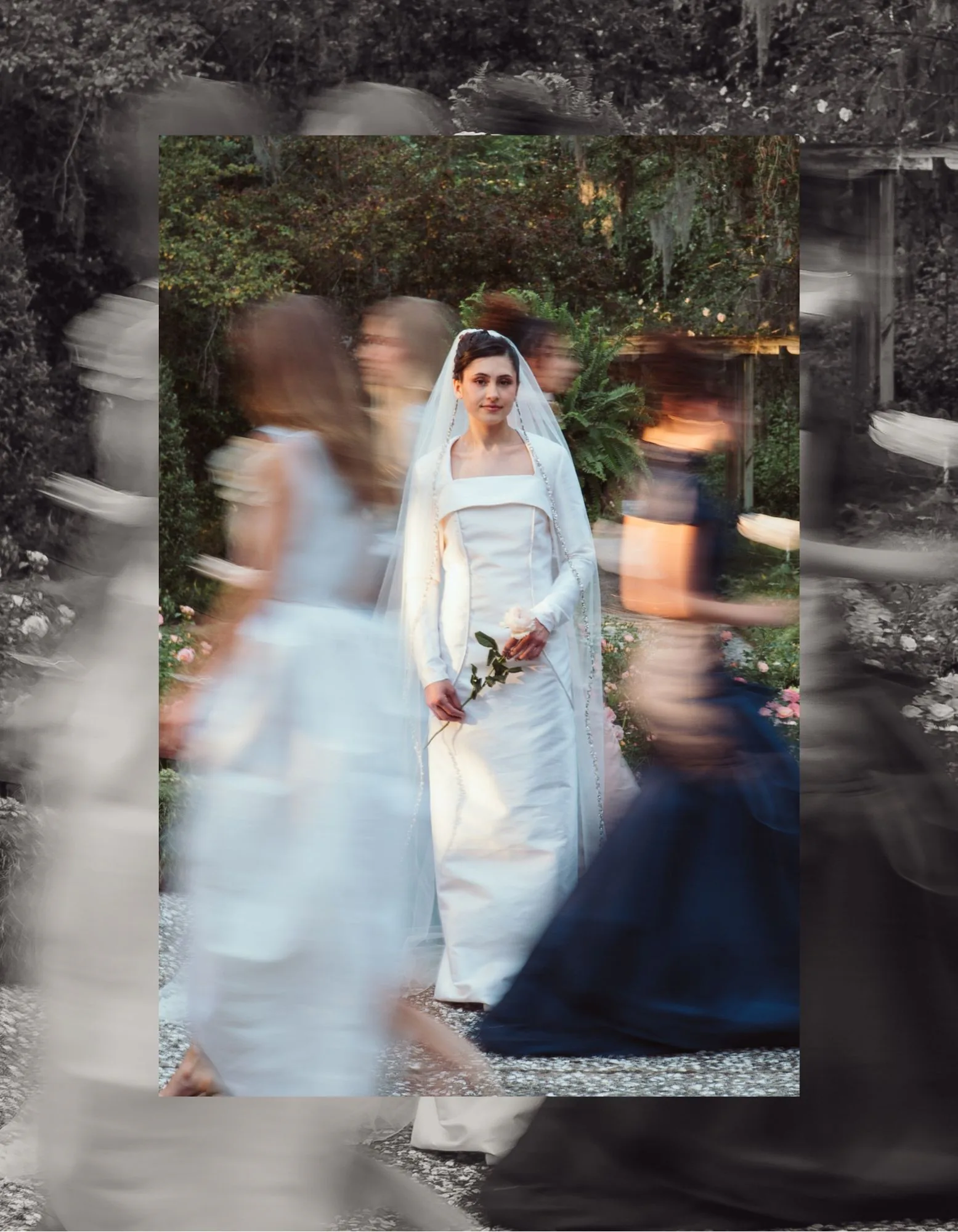 A collage of the veiled bride in motion framed by blurred attendants.