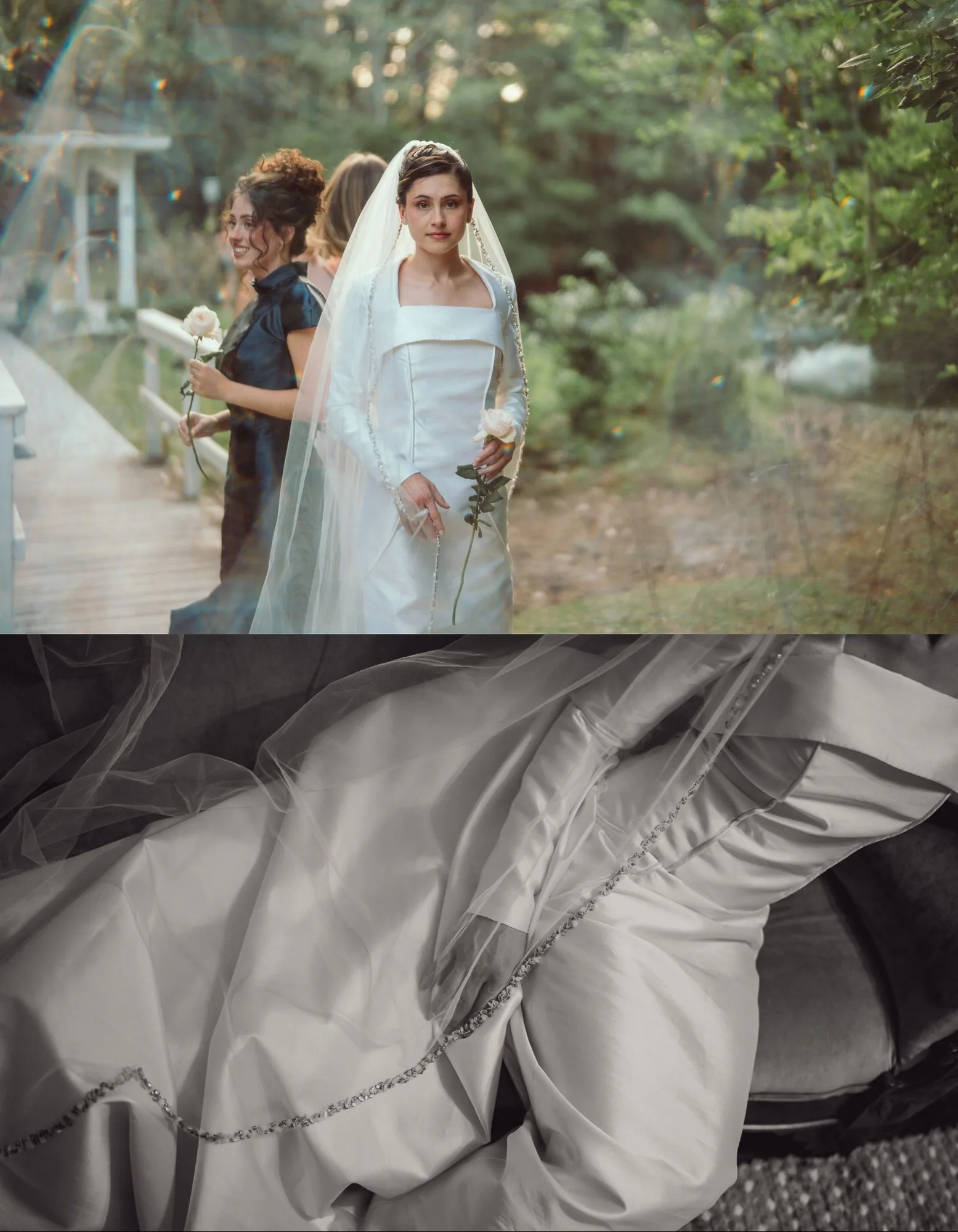 A bridal collage pairing the bride on the bridge with a close study of the gown and veil.