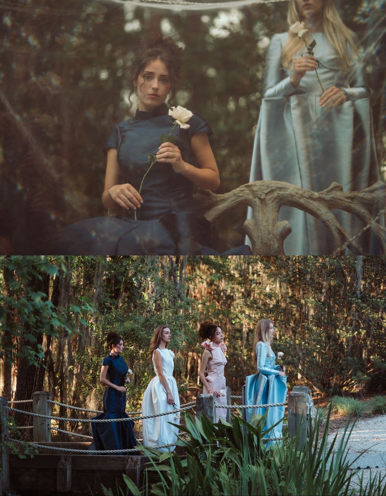 A framed collage of the navy and powder-blue gowns in the garden.