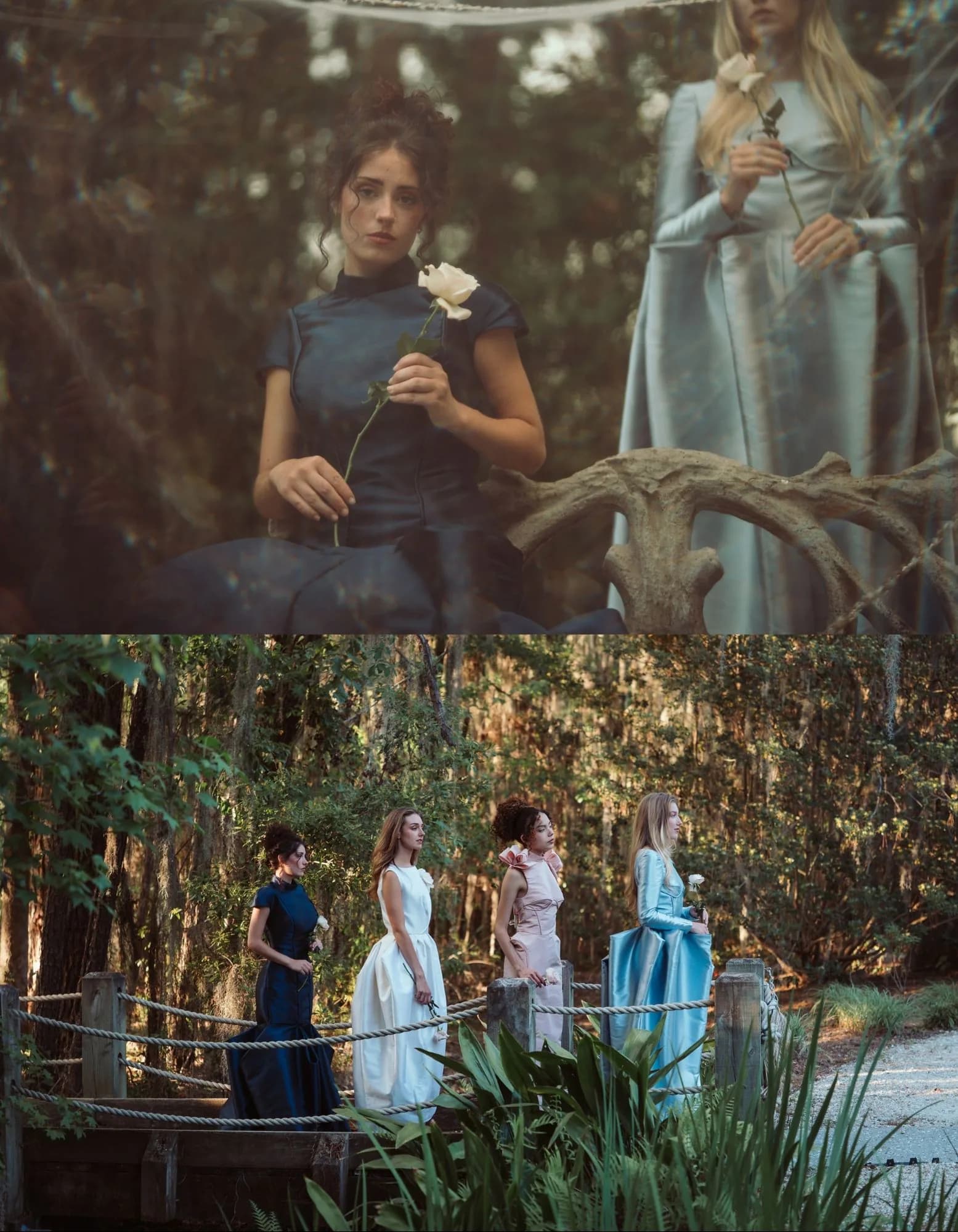 A framed collage of the navy and powder-blue gowns in the garden.