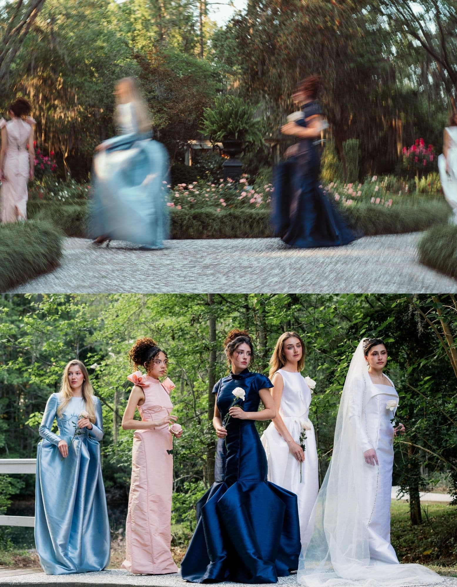 A motion-blurred garden diptych paired with a five-look lineup of the collection.