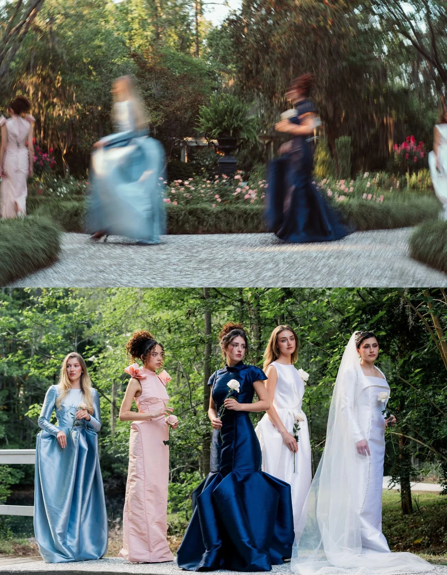 A motion-blurred garden diptych paired with a five-look lineup of the collection.