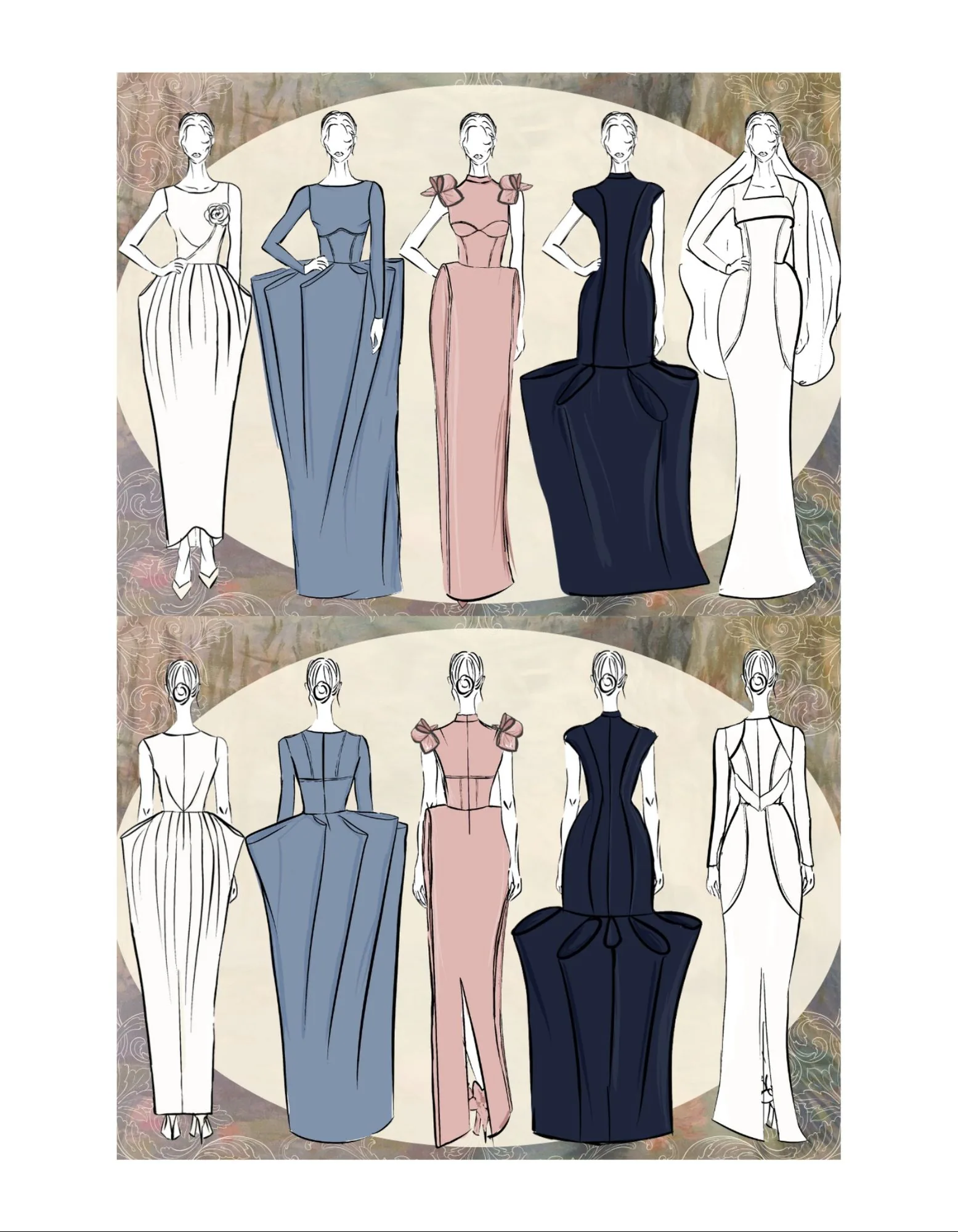 Front and back fashion sketches for the Because She Is a Mother collection looks.