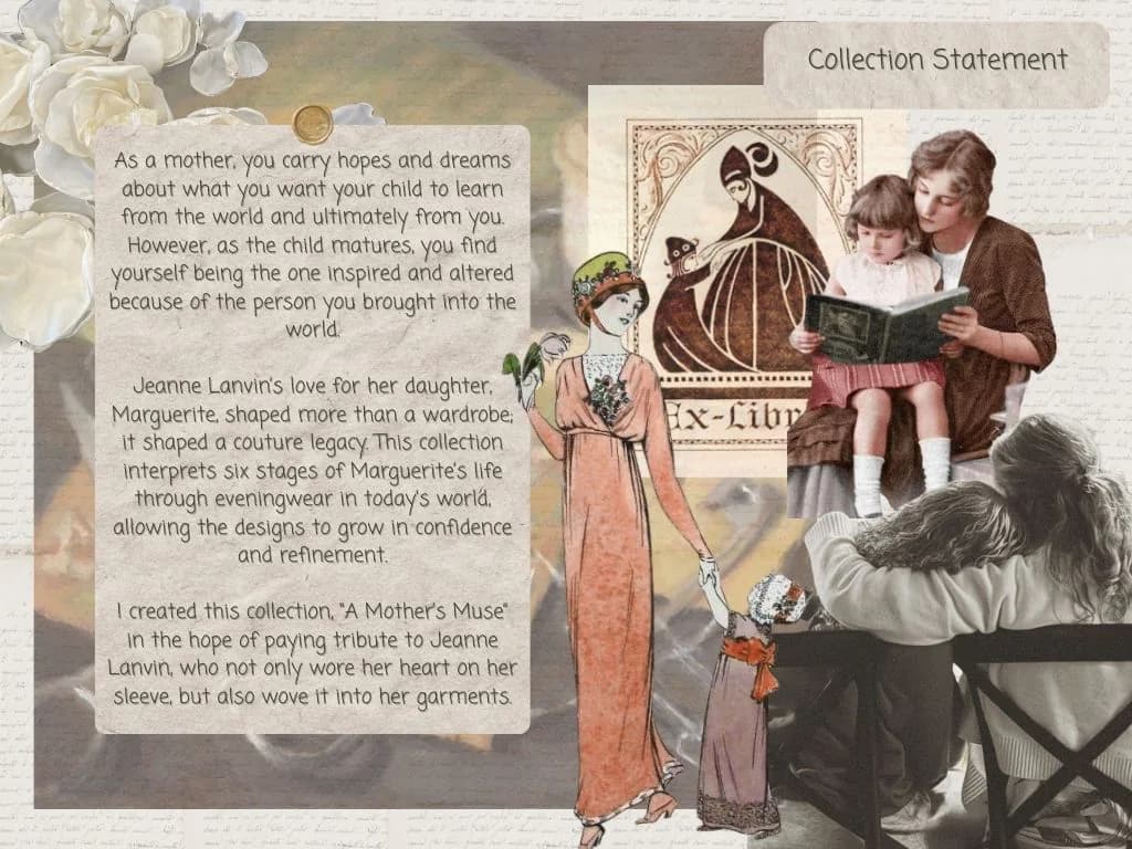 A collection statement board describing A Mother's Muse and its tribute to Jeanne Lanvin's love for her daughter.