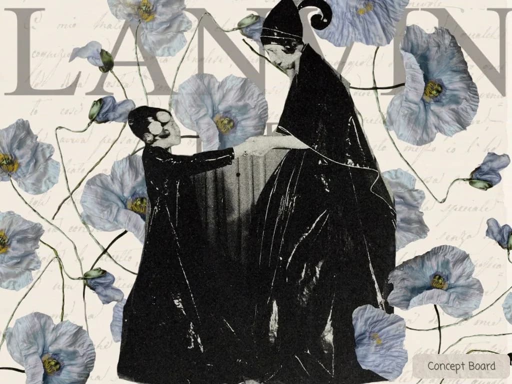 A concept board with archival Lanvin imagery, pale blue flowers, and handwritten texture.