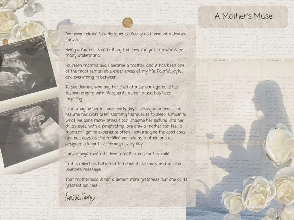 A dedication board for A Mother's Muse with writing about Jeanne Lanvin, motherhood, and Marguerite.