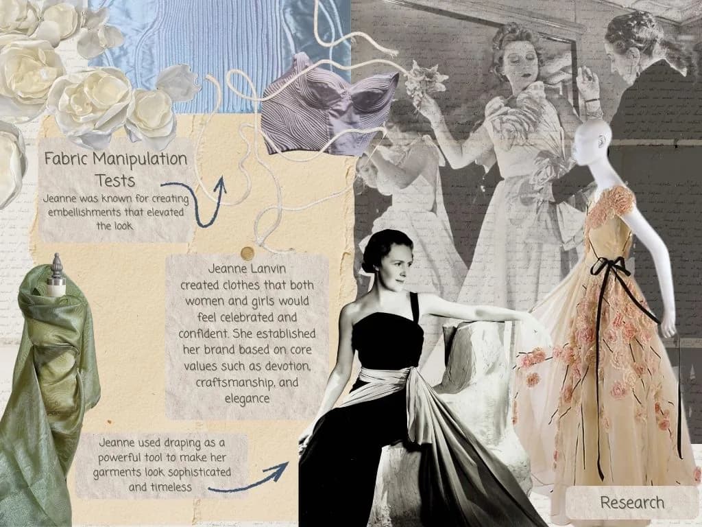 A research board showing Lanvin draping references, fabric manipulation tests, and an embellished mannequin.
