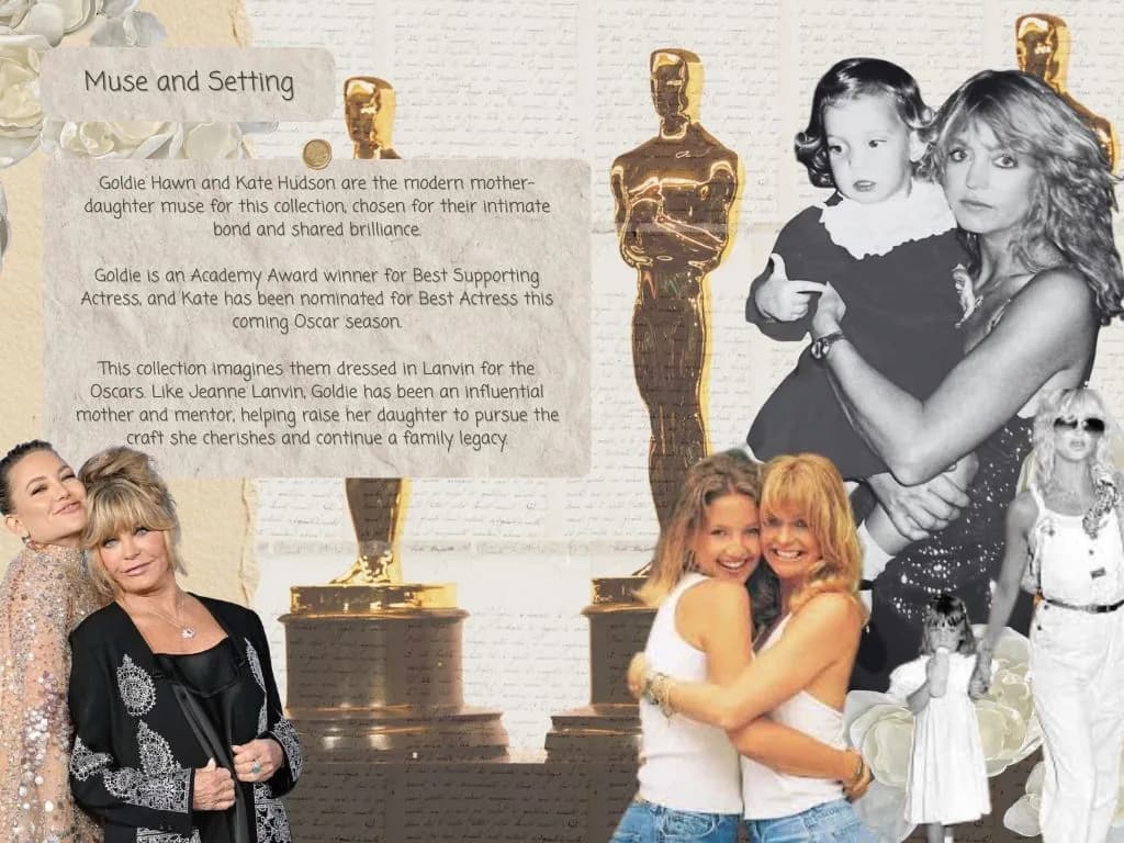A muse and setting board connecting the collection to Goldie Hawn, Kate Hudson, Lanvin, and the Oscars.