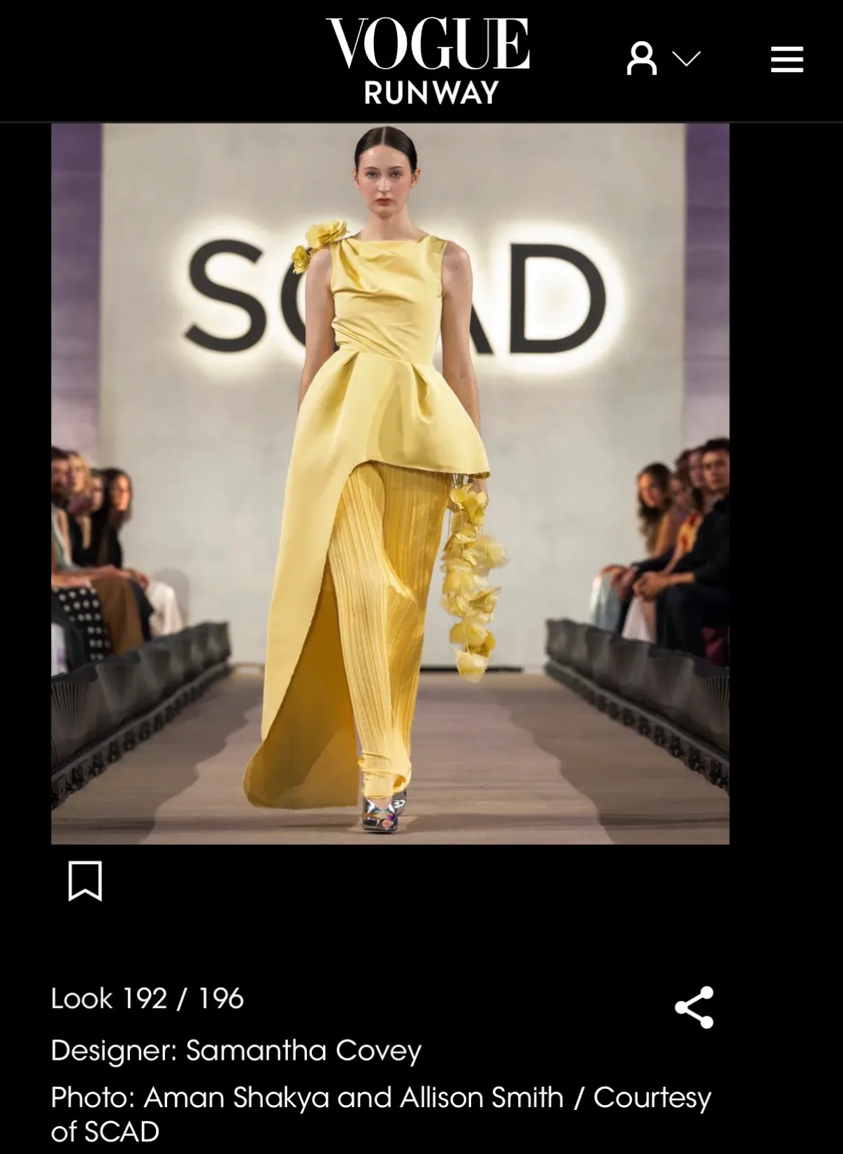 A Vogue Runway screenshot featuring Samantha Covey's yellow SCAD Fashion Show look.